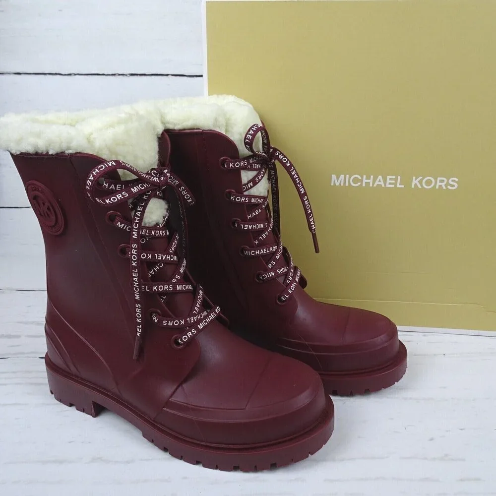 MICHAEL Michael Kors Women's Montaigne Rain Boots Faux Fur Logo Dark Berry New 6